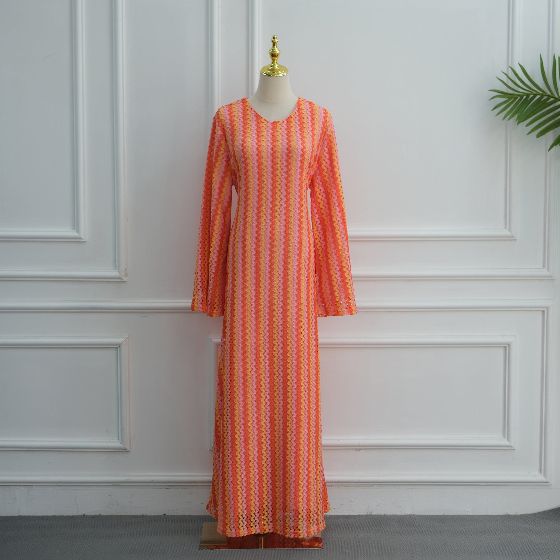 Rainbow Jacquard Flared-Sleeve Maxi Dress(MS486)