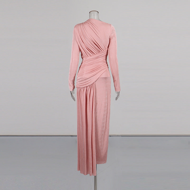 Diagonal Ruched Maxi Dress(MS467)