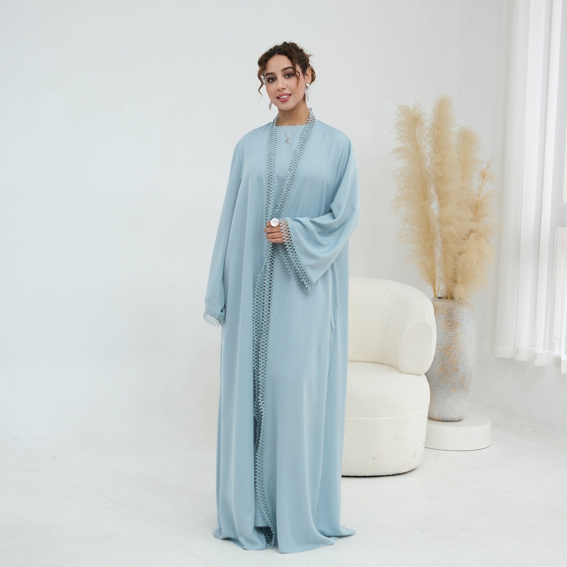 3D Lace Trim Open Abaya & Sleeveless Dress Set(MOA323)