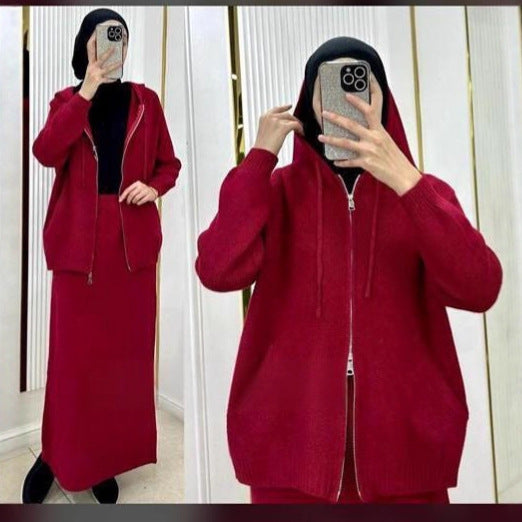 Hooded Knit Cardigan & Straight Maxi Skirt Set(MS544)