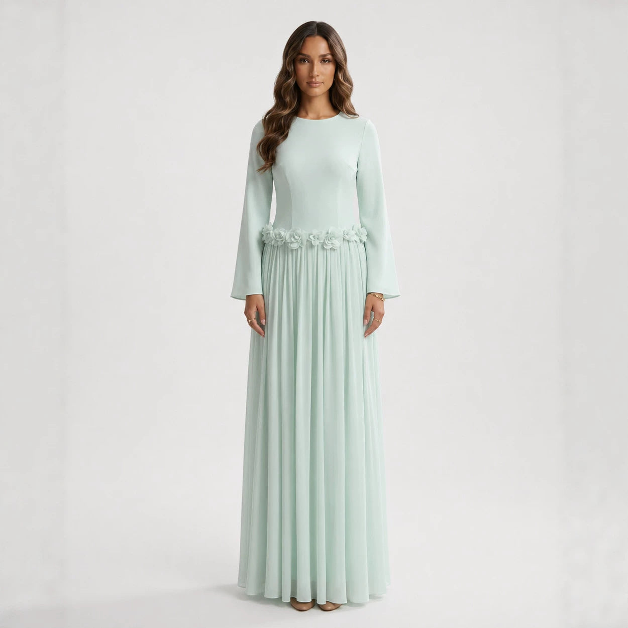 3D Rose Waist Fitted Maxi Dress(MS515)