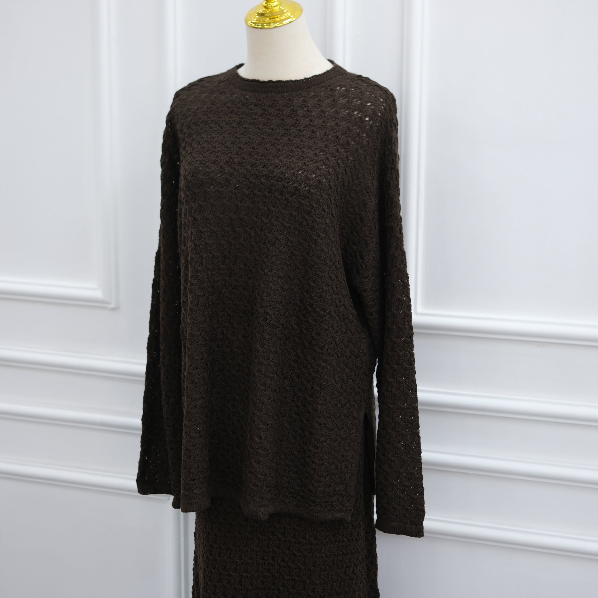 Ensemble coordonné Sweater Crochet ajouré & Jupe Maxi Doublée (MS523)