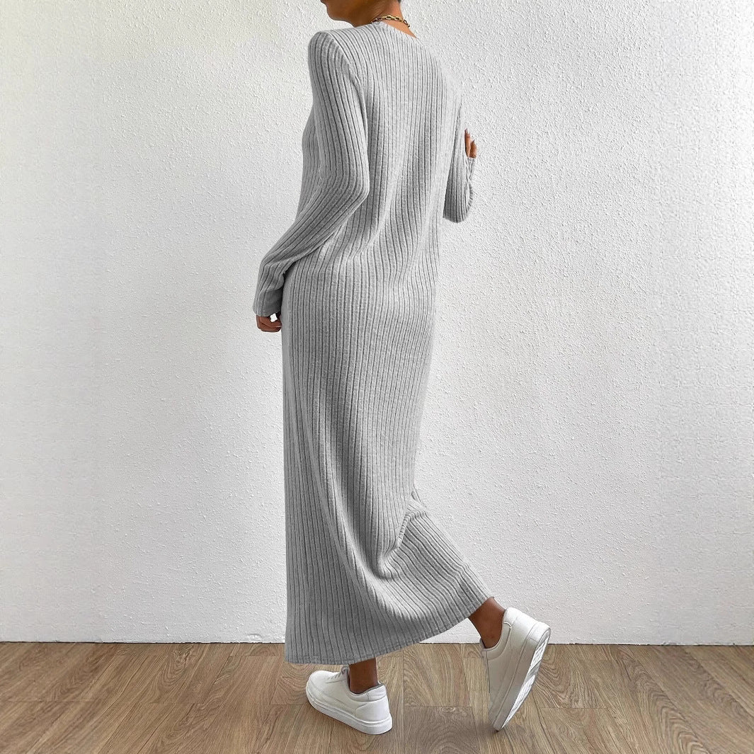 Ribbed Knit Maxi Dress | Long Sleeve Casual Sweater Dress(MS226)