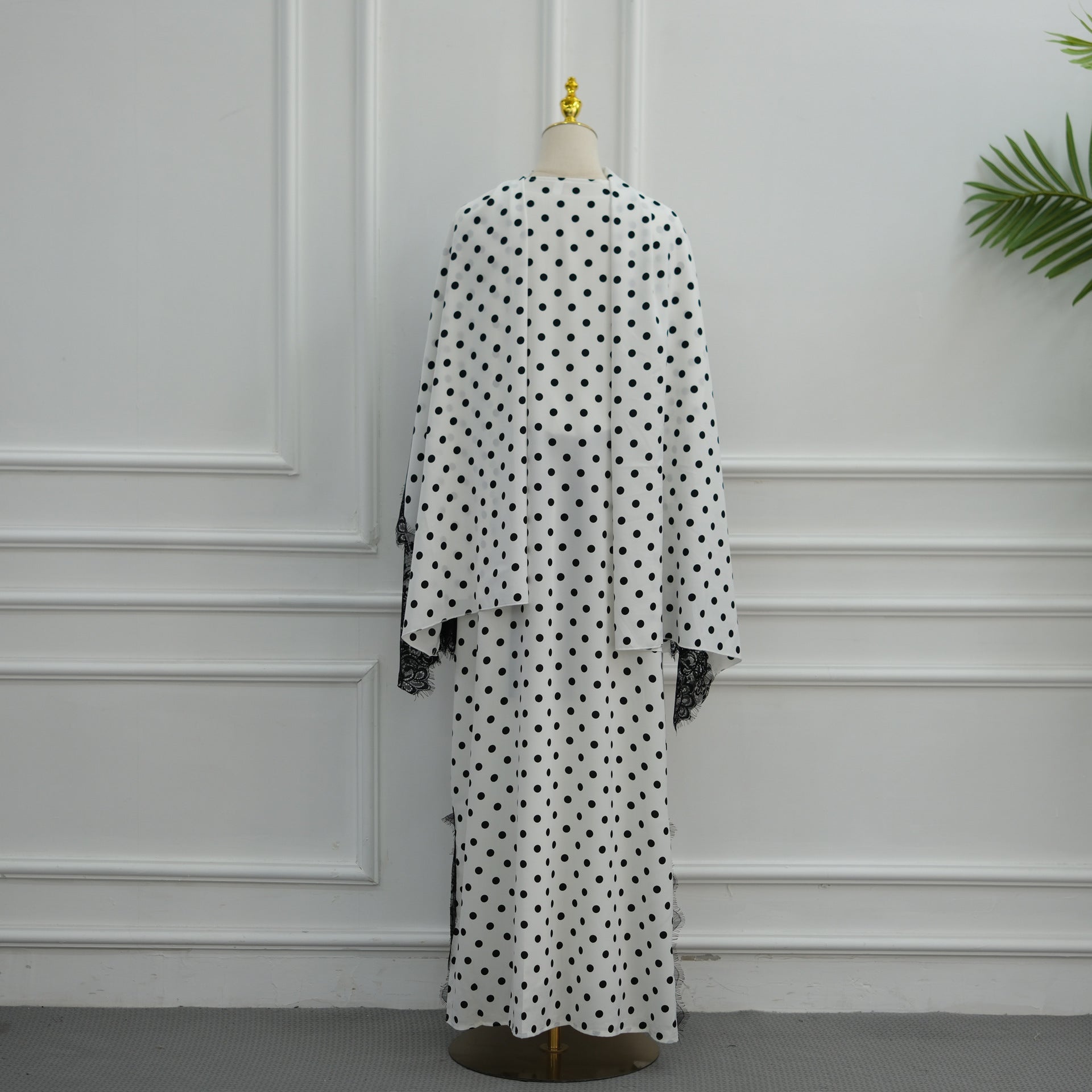 Polka Dot Lace-Trim Open Abaya & Matching Hijab Set(MOA343)