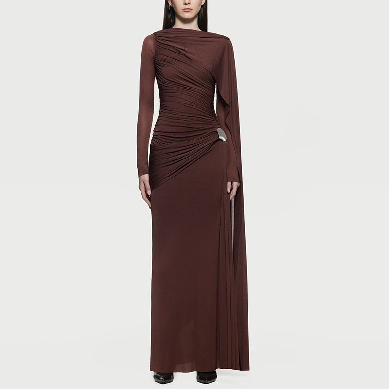 Diagonal Ruched Cape Gown | Asymmetric Draped Long Sleeve Maxi Dress(MS222)