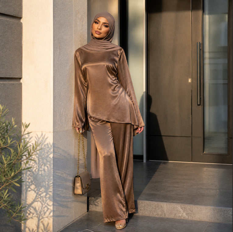 Lustrous Satin-Feel Round Neck Top & Wide-Leg Trousers Co-ord Set (MS522)