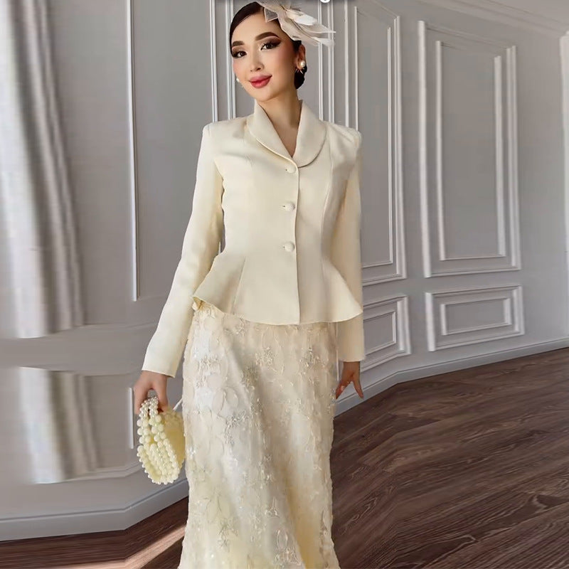 Cream Peplum Jacket & Lace Skirt Set(MS284)