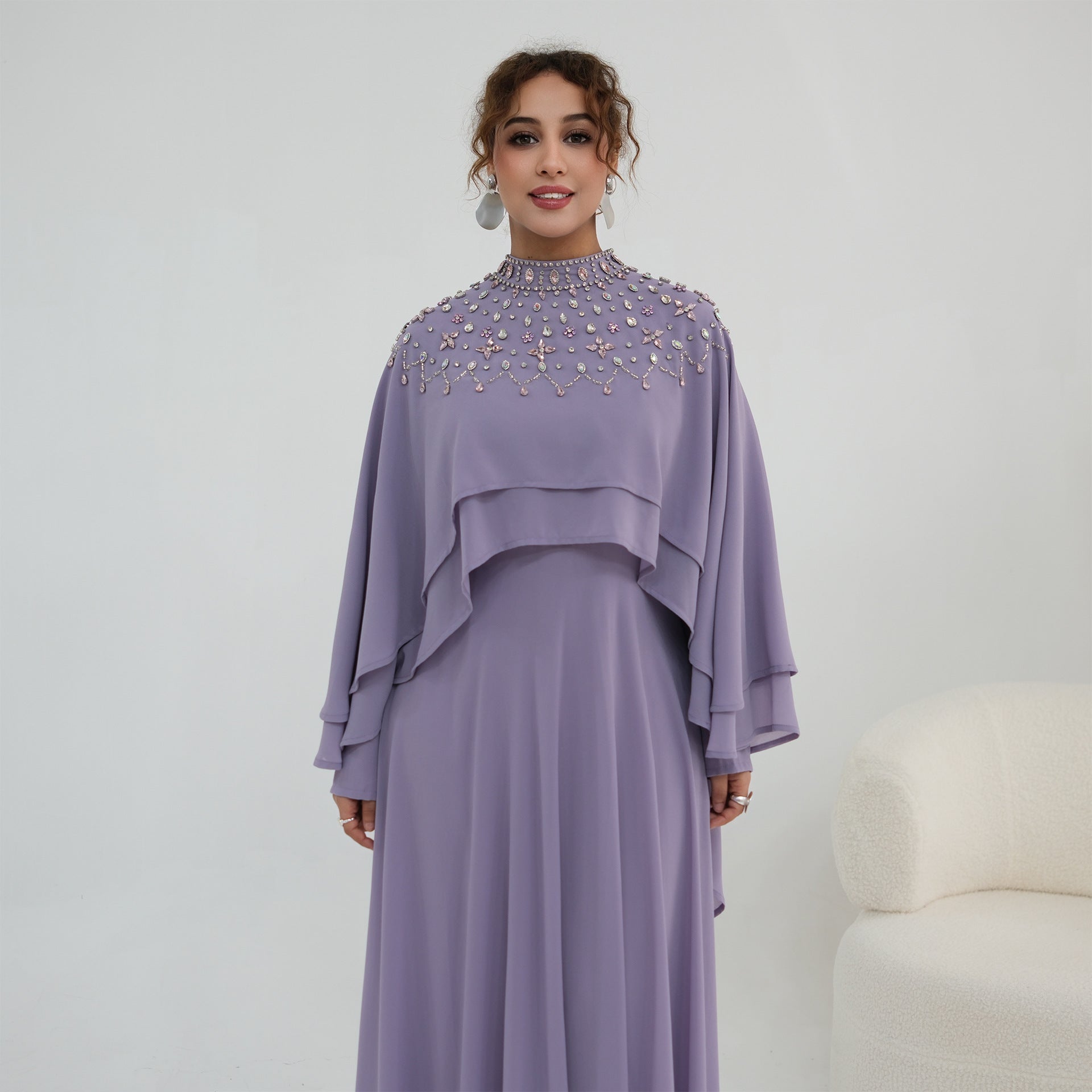 Crystal Embellished Cape Sleeve Chiffon Maxi Dress Set(MS461)