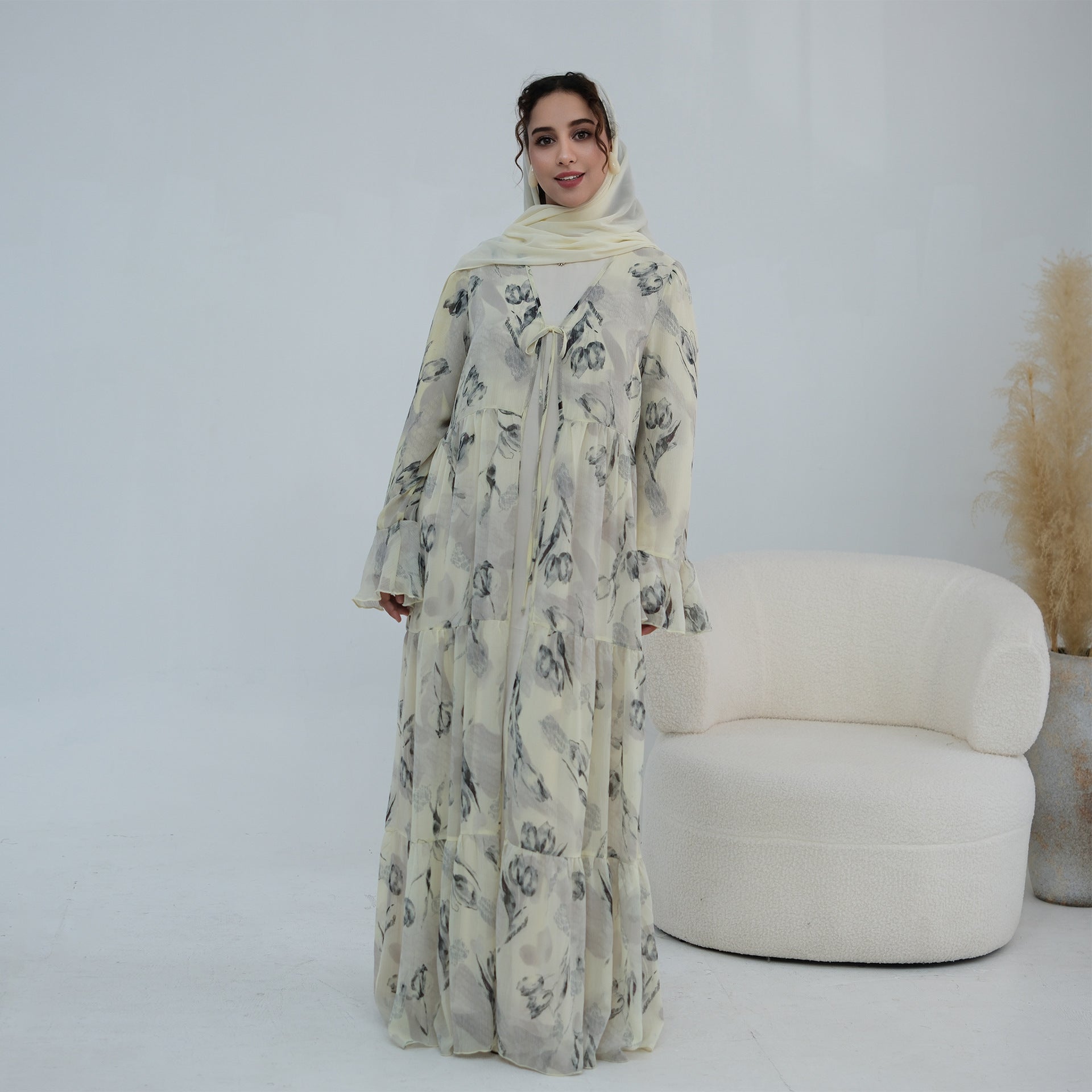 Chiffon Crinkle Flared Sleeve Tiered Open Abaya Set(MOA341)