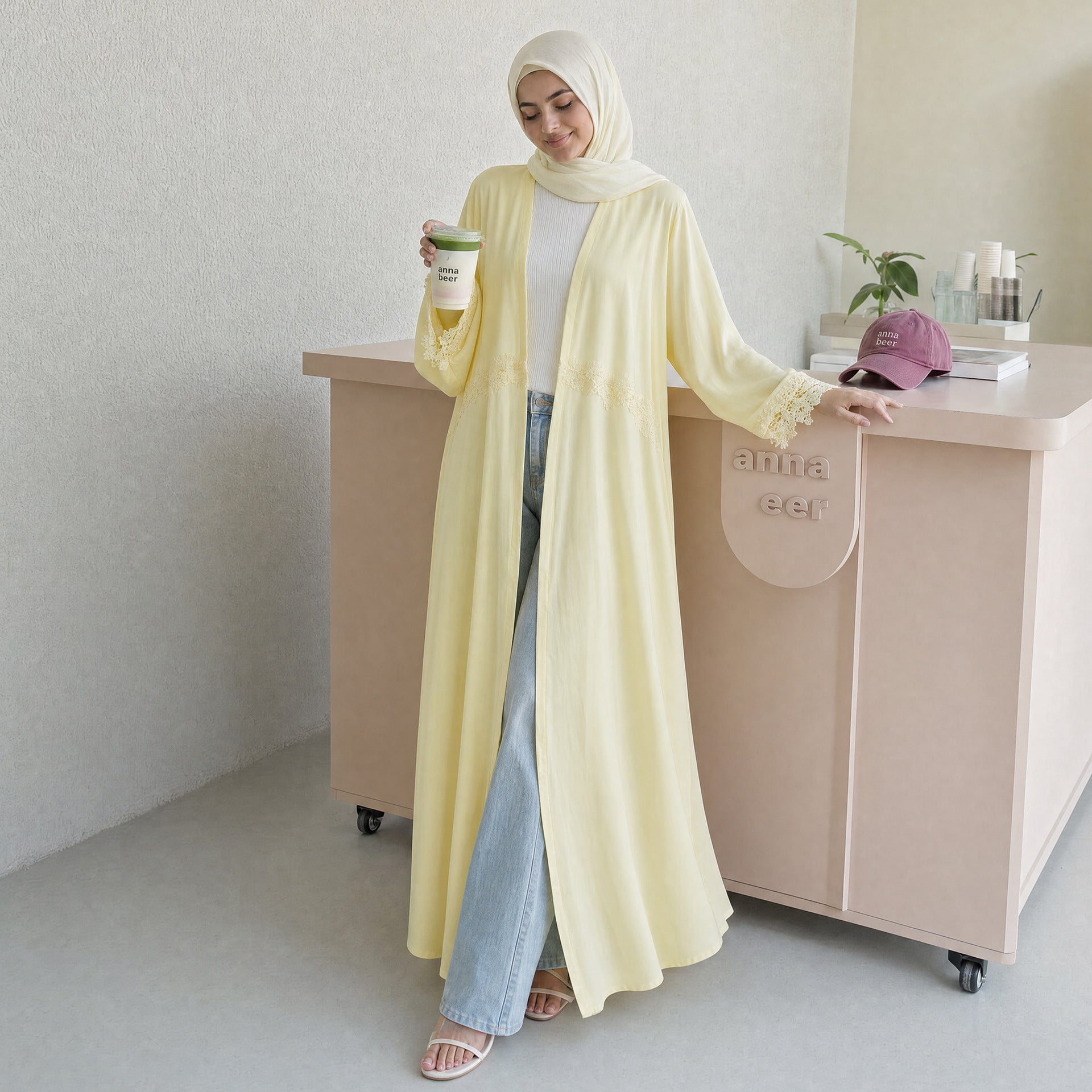 3D Floral Lace Trim Open Abaya(MOA336)