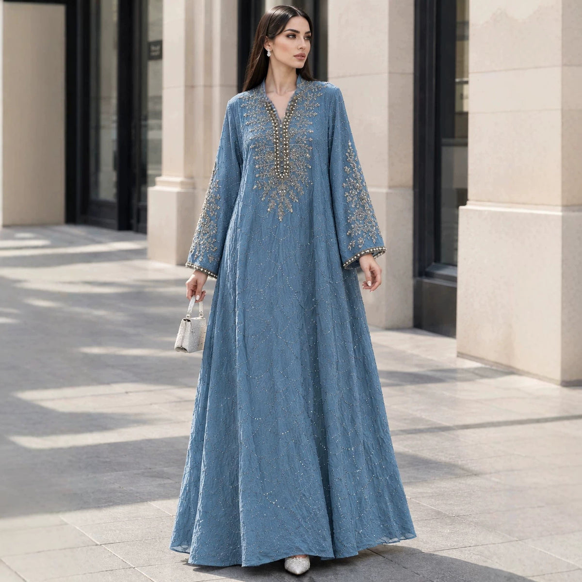 Embroidered Beaded Abaya Dress | Rhinestone-Embellished Modest Maxi Gown(MA476)