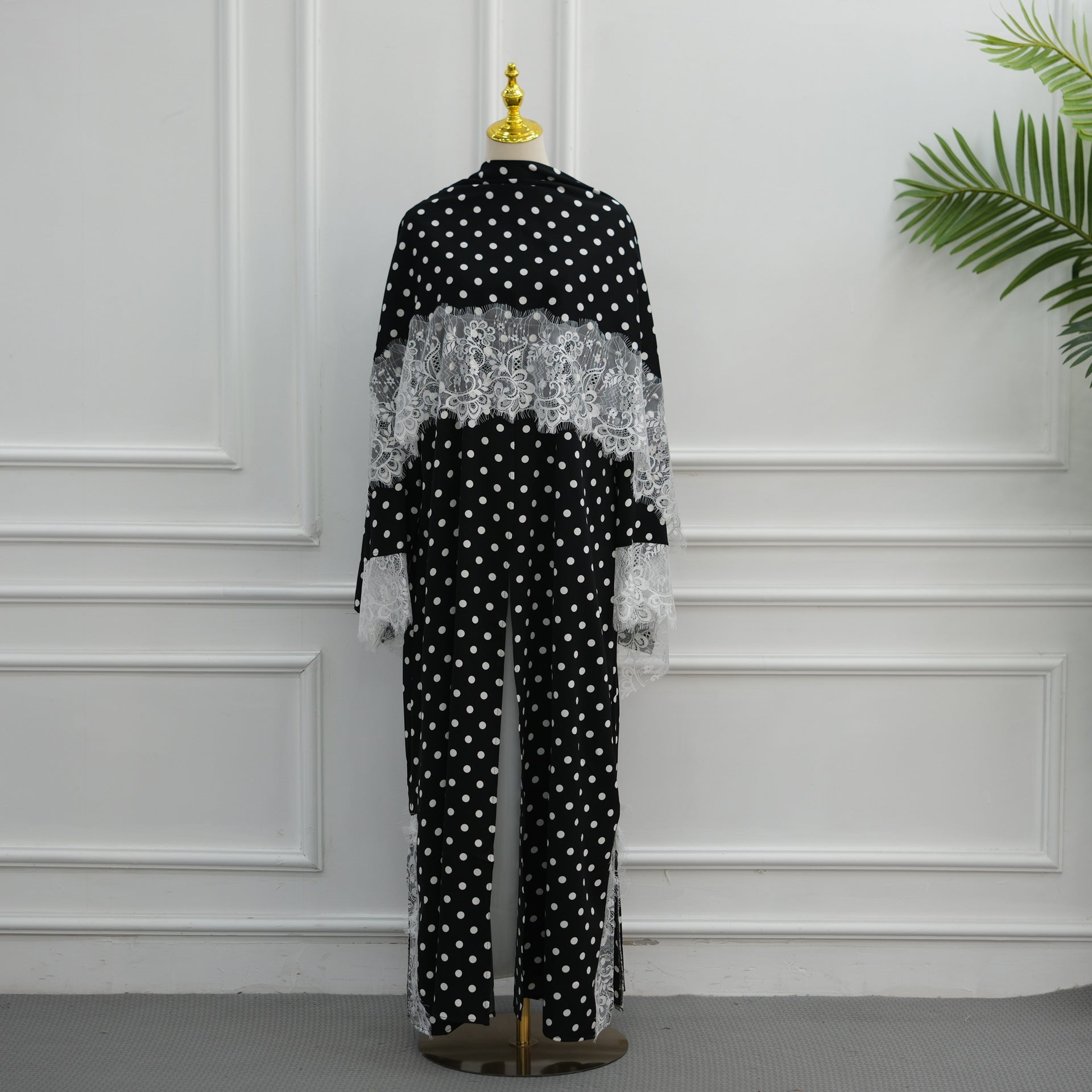 Polka Dot Lace-Trim Open Abaya & Matching Hijab Set(MOA343)