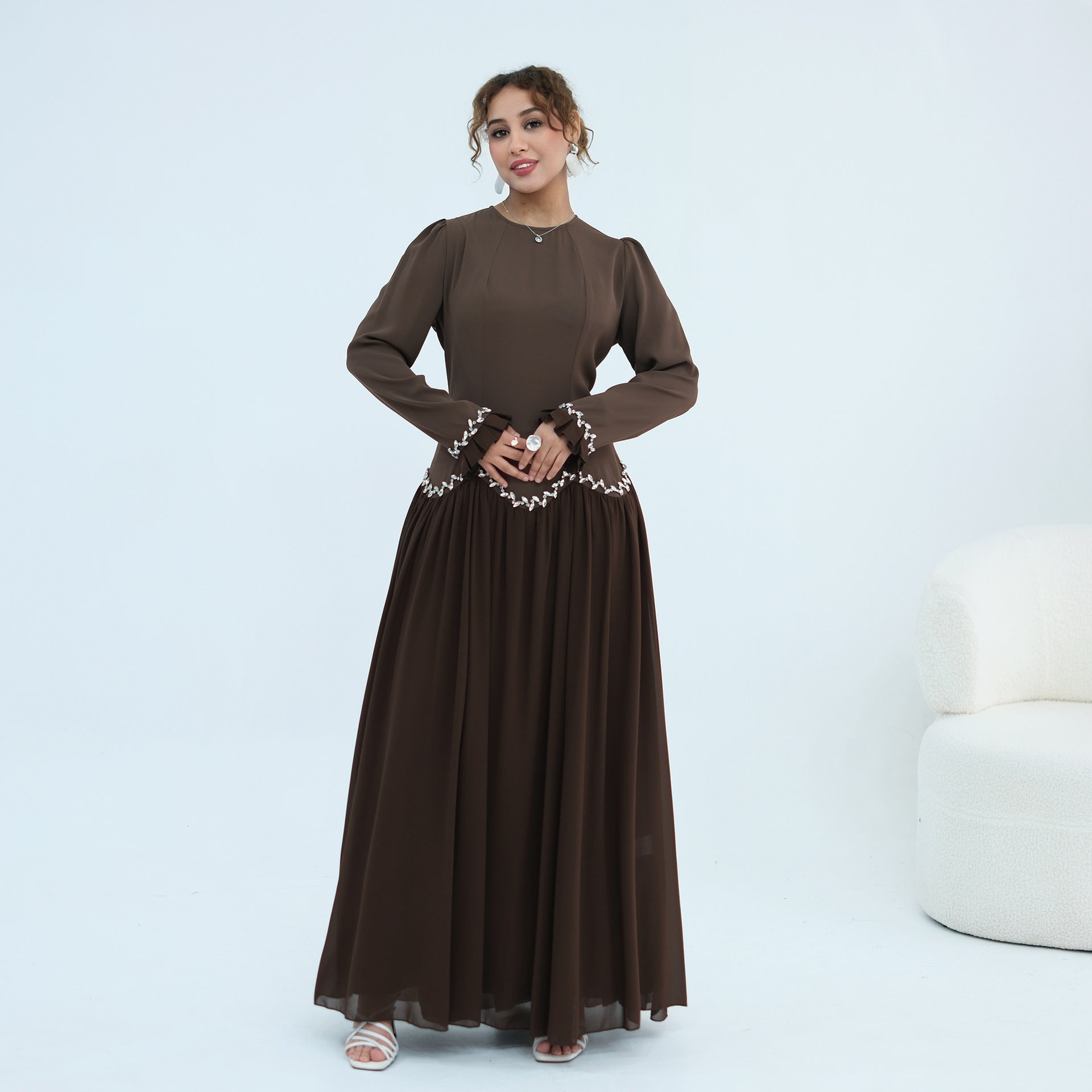 Crystal-Trim Ruffle Cuffs Maxi Dress(MS458)