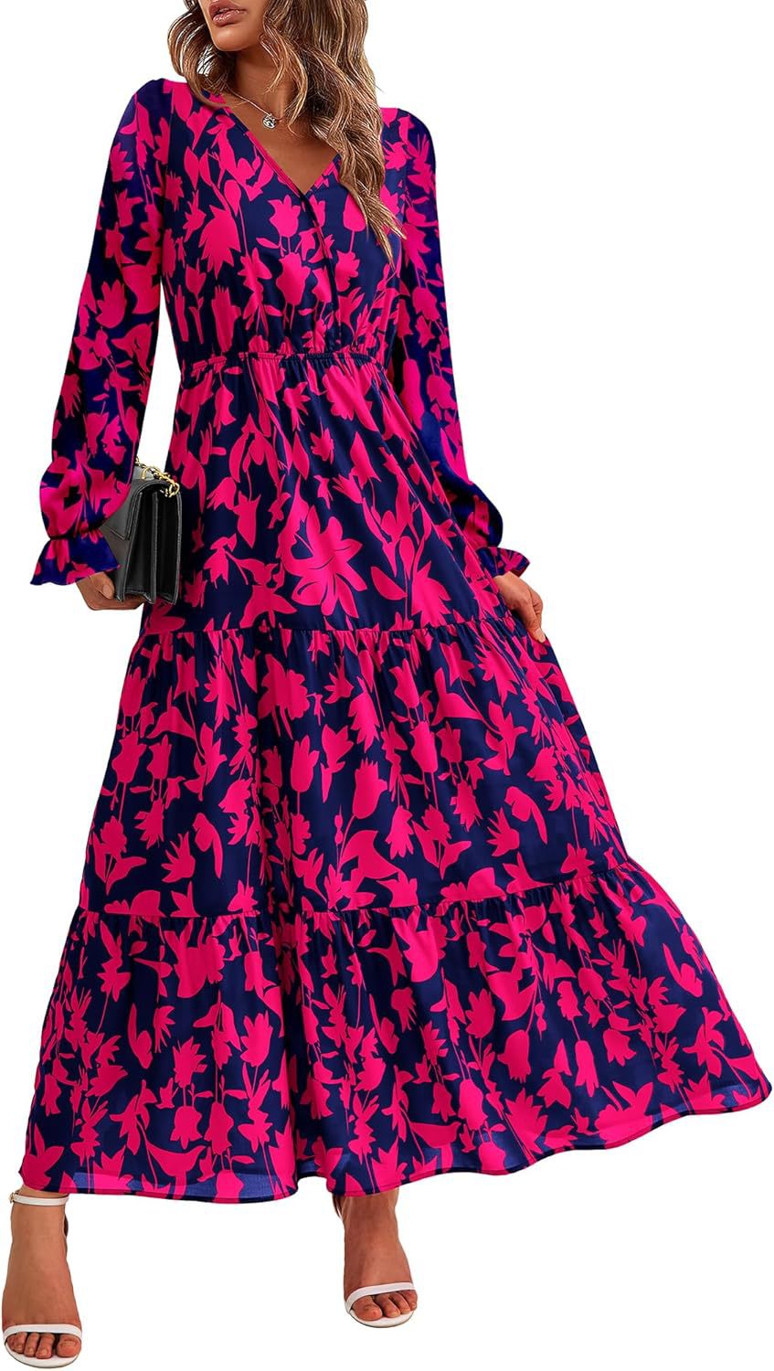 Floral Print V-Neck Midi Dress | Long Sleeve Elastic Waist Dress(MS271)