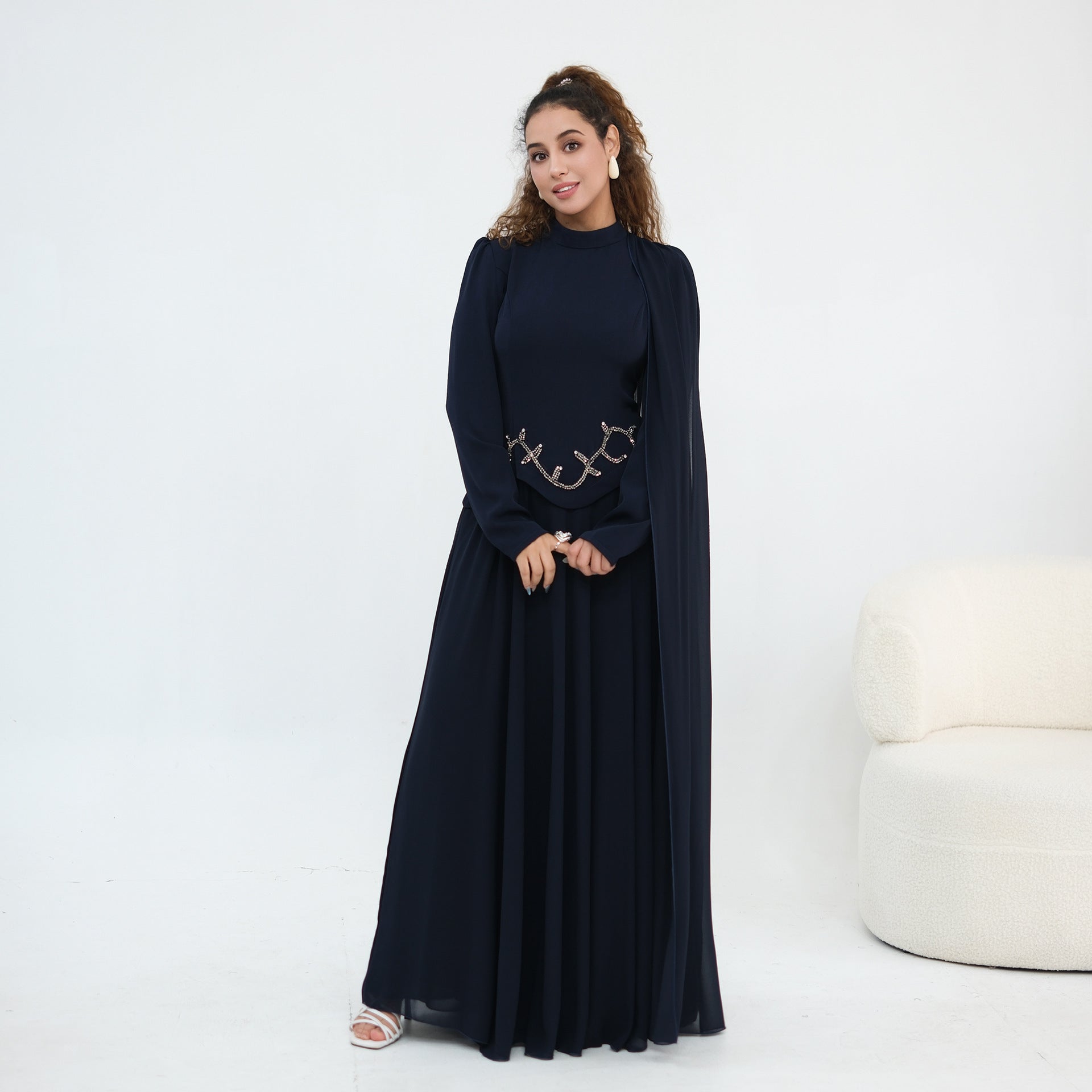 Crystal Beaded Waist Cape Sleeve Maxi Dress(MS499)