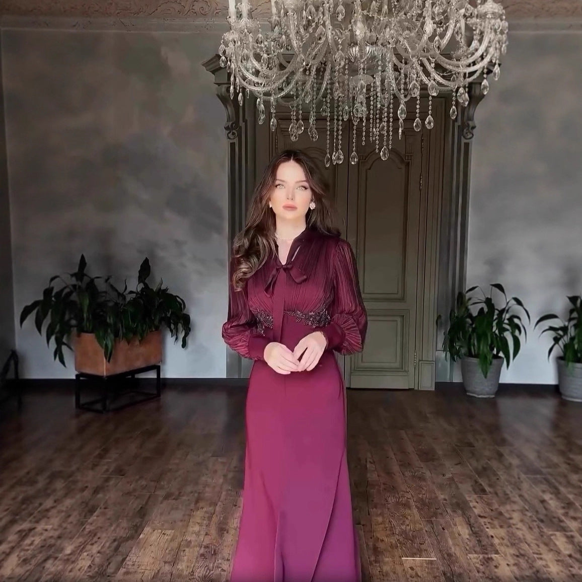 French-Style Pleated Bodice Dress with Bow-Neck(MS309)