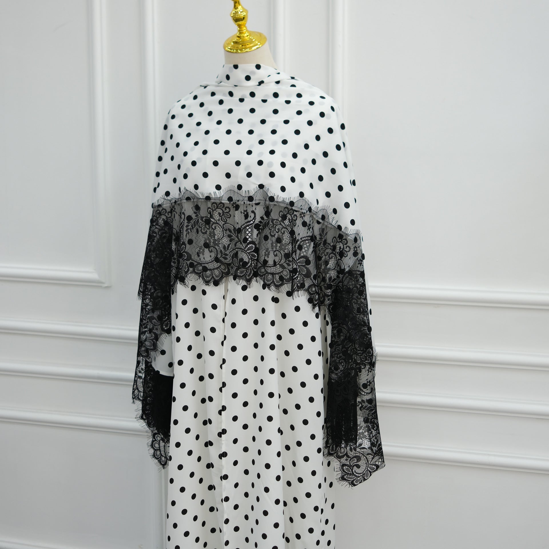 Polka Dot Lace-Trim Open Abaya & Matching Hijab Set(MOA343)