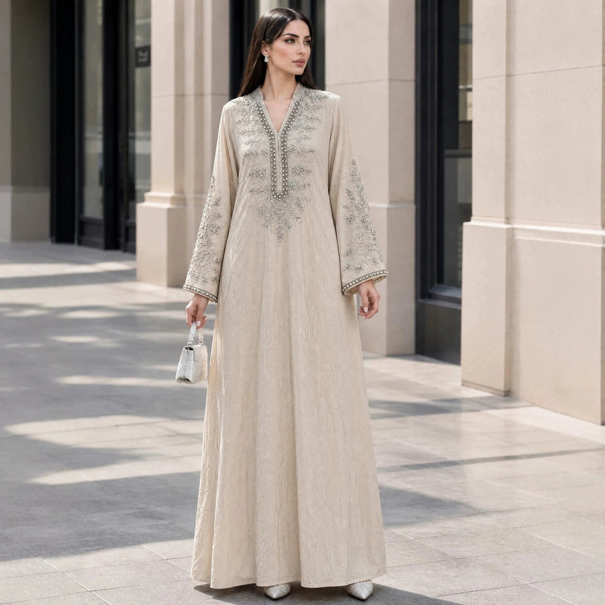 Embroidered Beaded Abaya Dress | Rhinestone-Embellished Modest Maxi Gown(MA476)