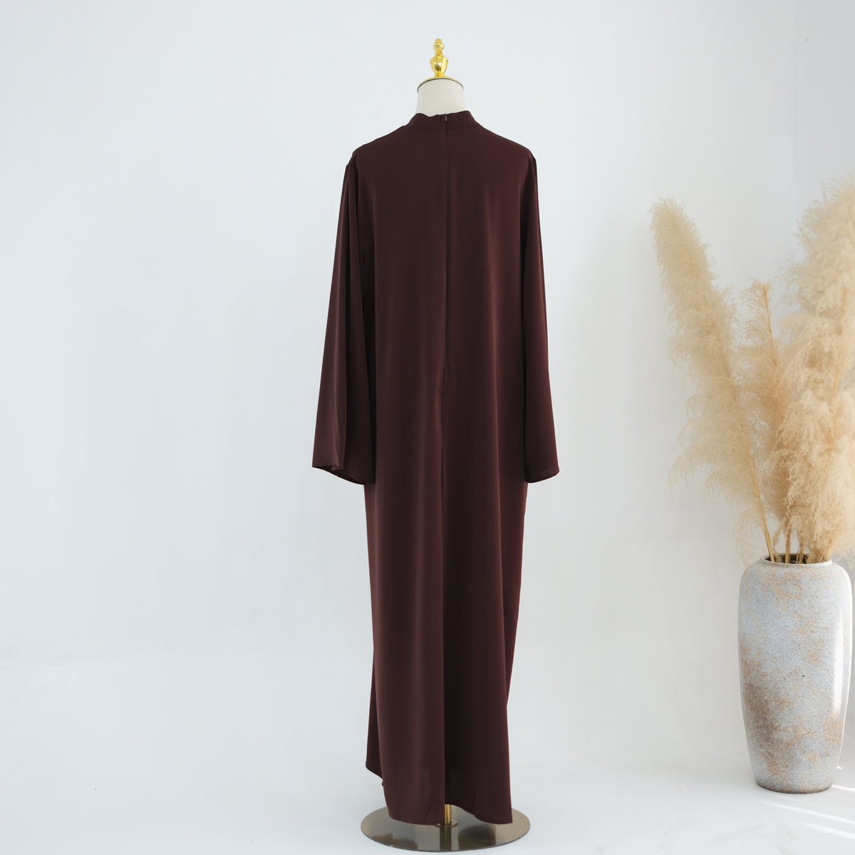 Stand-Collar Nida Maxi Dress | Long-Sleeve Belted Modest Dress(MA475)