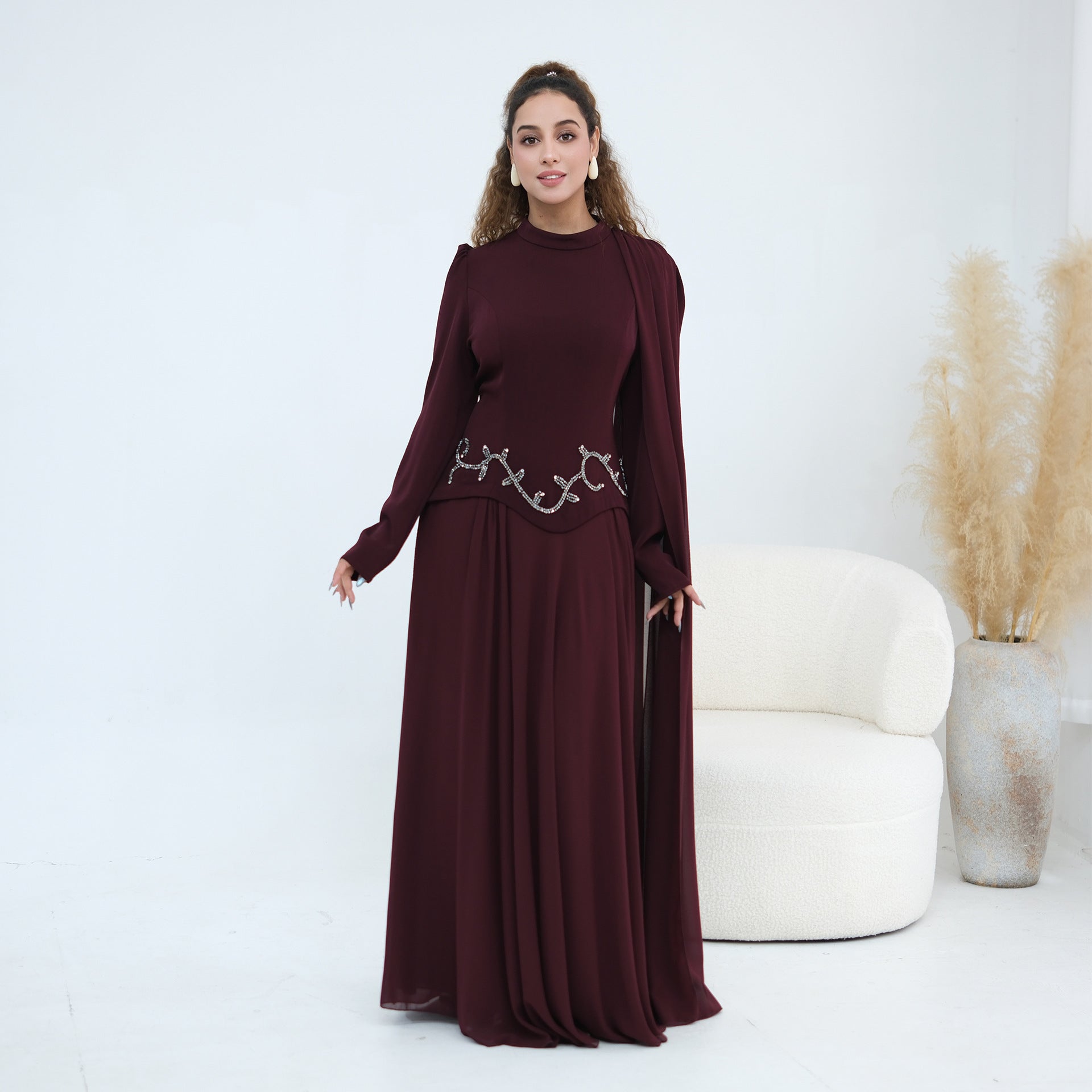Crystal Beaded Waist Cape Sleeve Maxi Dress(MS499)