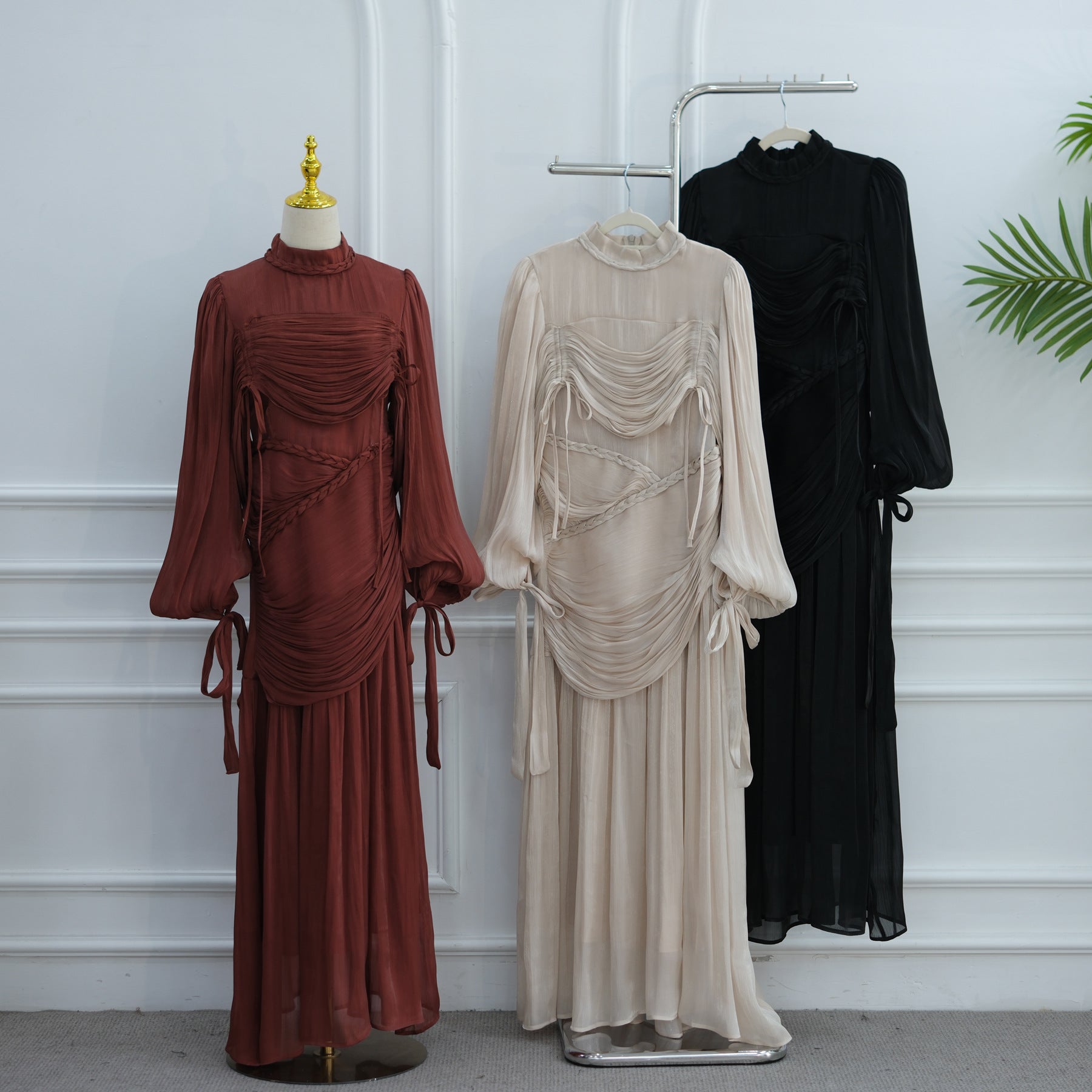 Braided Collar Ruched Fringe Maxi Dress(MS406)