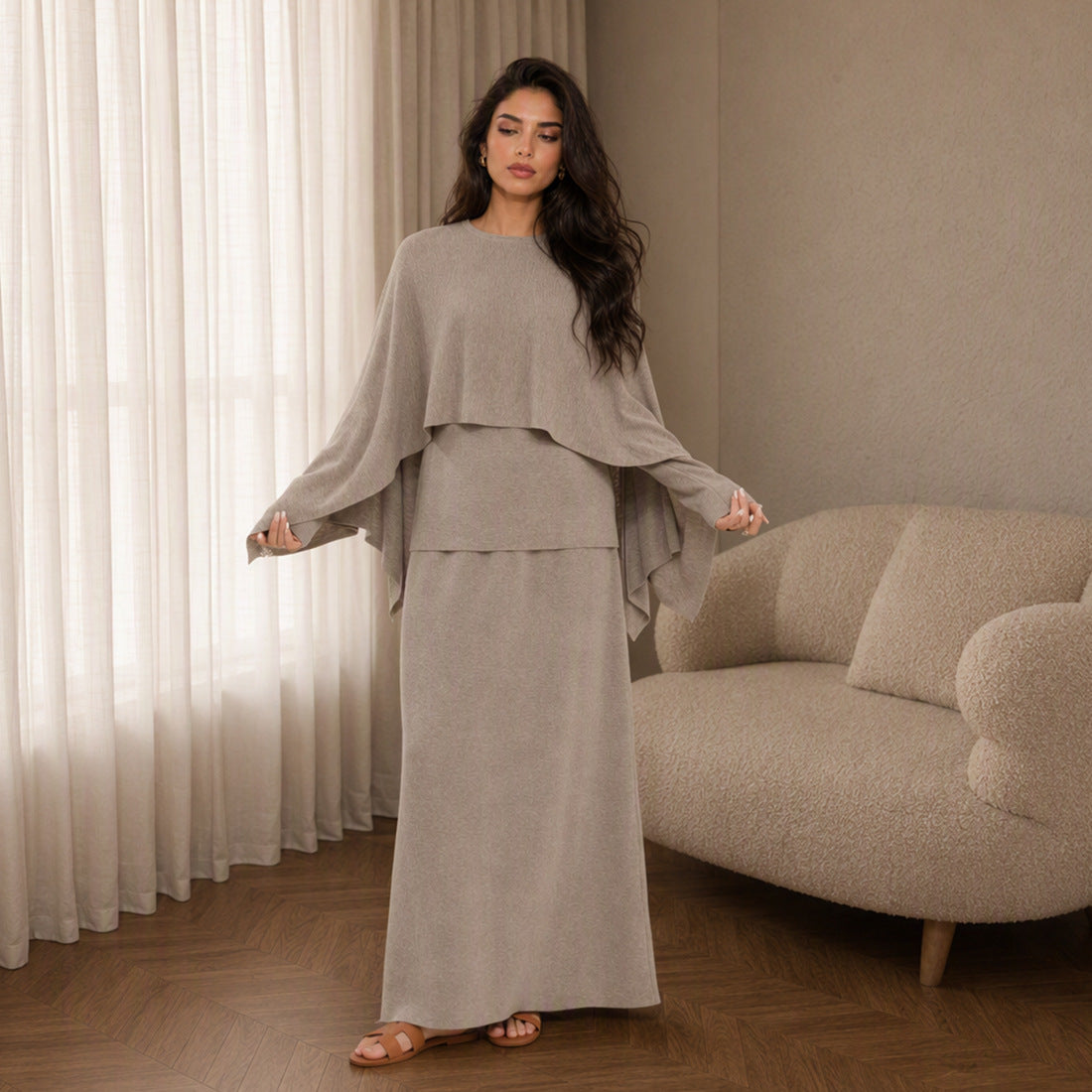 Modest Cape Knit Top & Maxi Skirt Set(MS537)