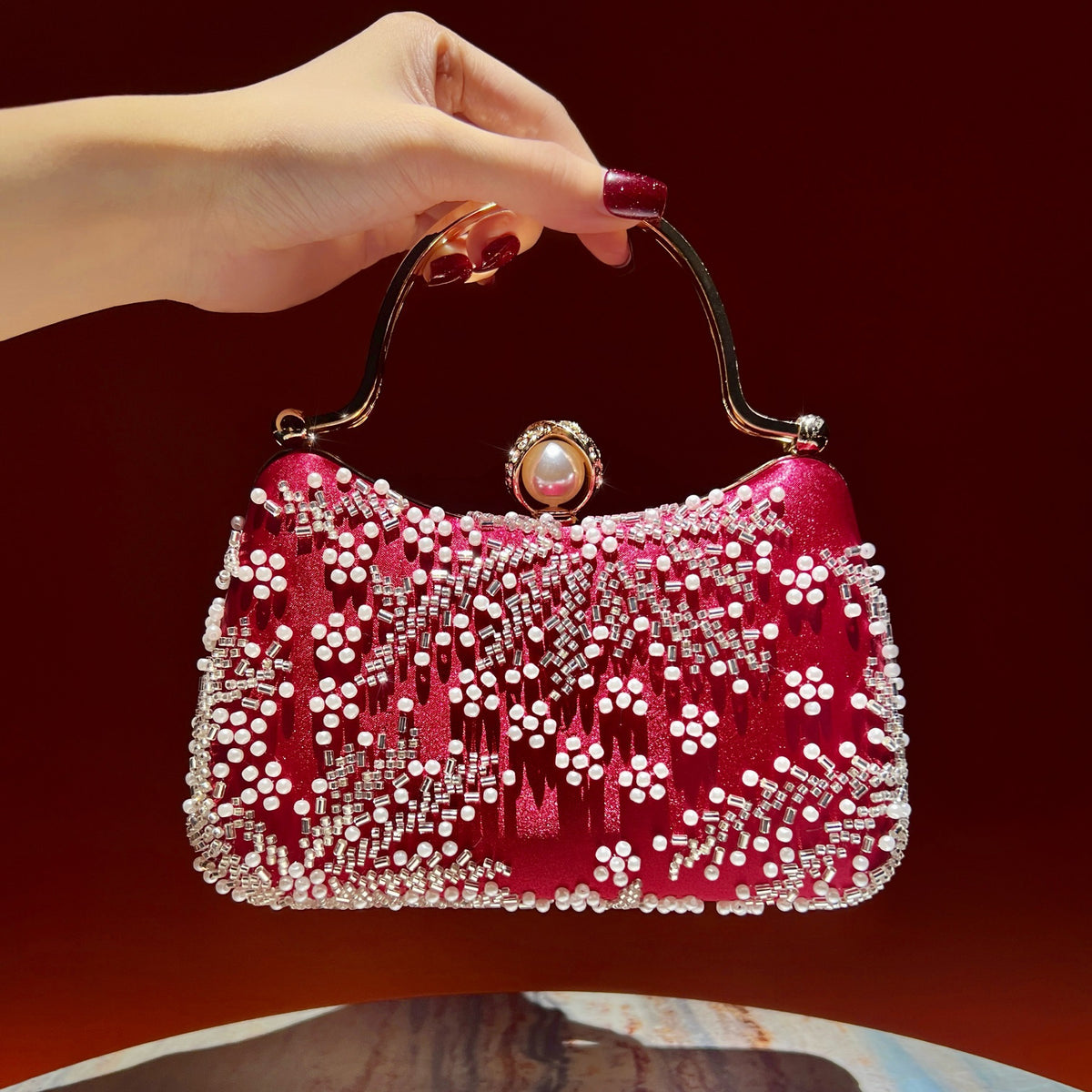 Vintage Embroidered Pearl Evening Clutch Bag - Sparkling Rhinestone Top-Handle Purse & Crossbody for Parties & Weddings(MAC494)