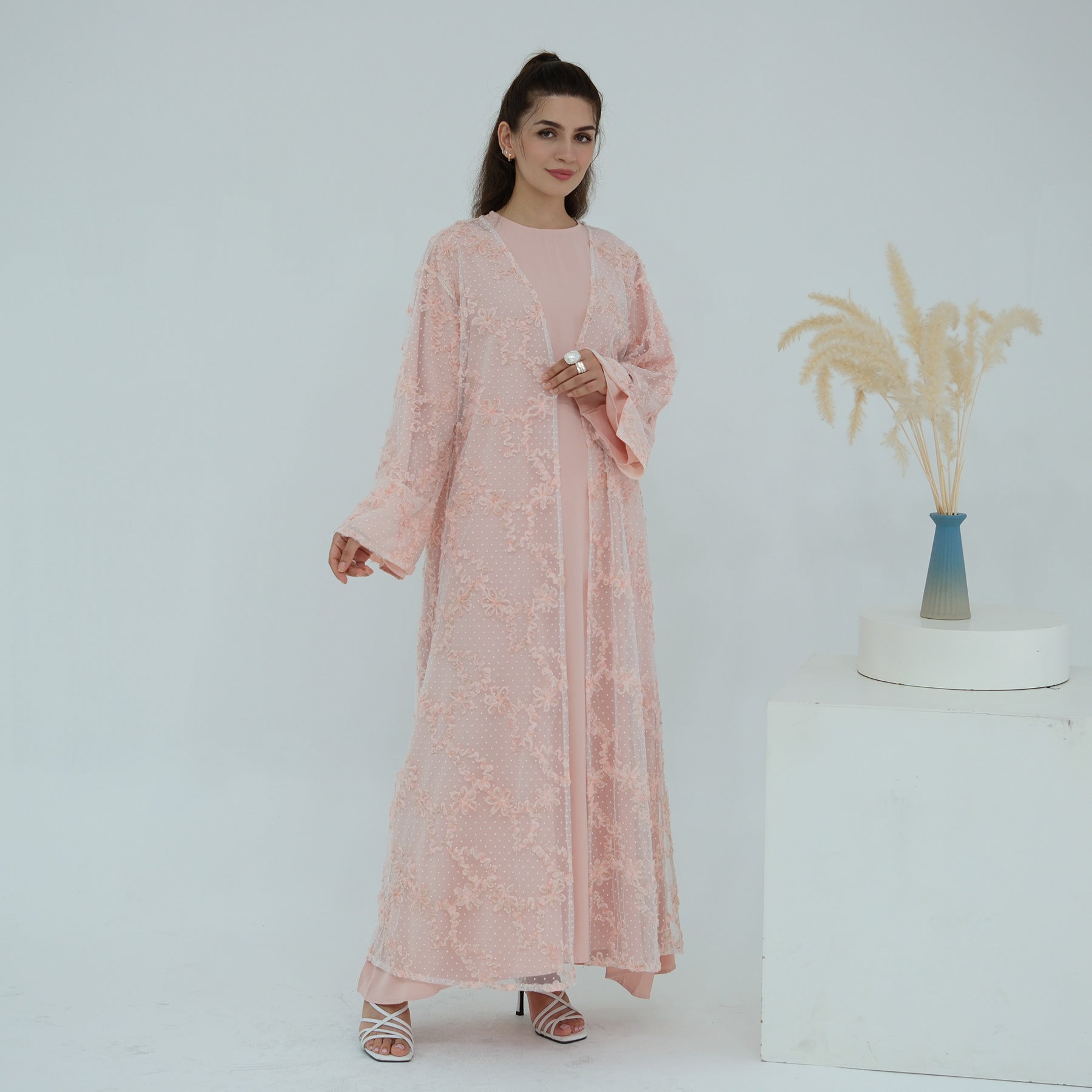 3D Floral Mesh Open Abaya(MOA288)