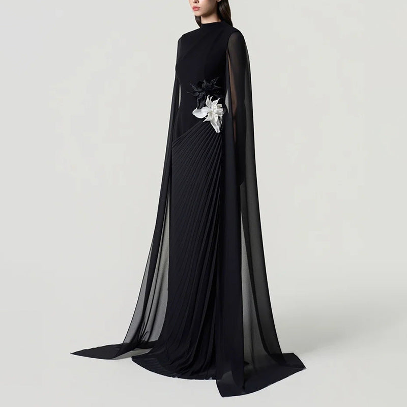 3D Bloemen Taille Avondfeest Maxi Jurk | Doorschijnend Mesh Raglan-Mouw Gown (MS566)