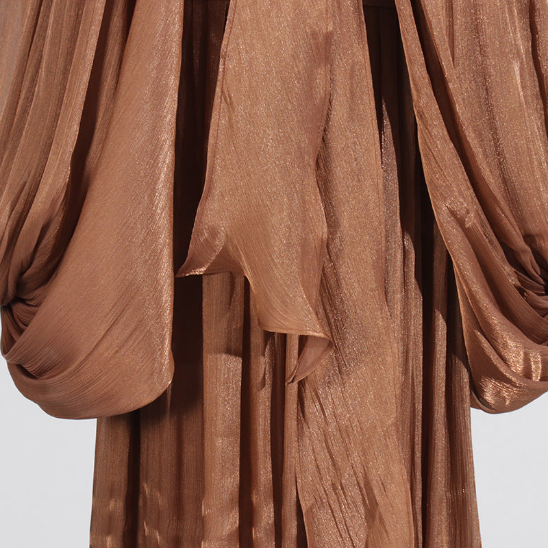 Balloon Sleeve Tie-Neck Maxi Dress(MS303)