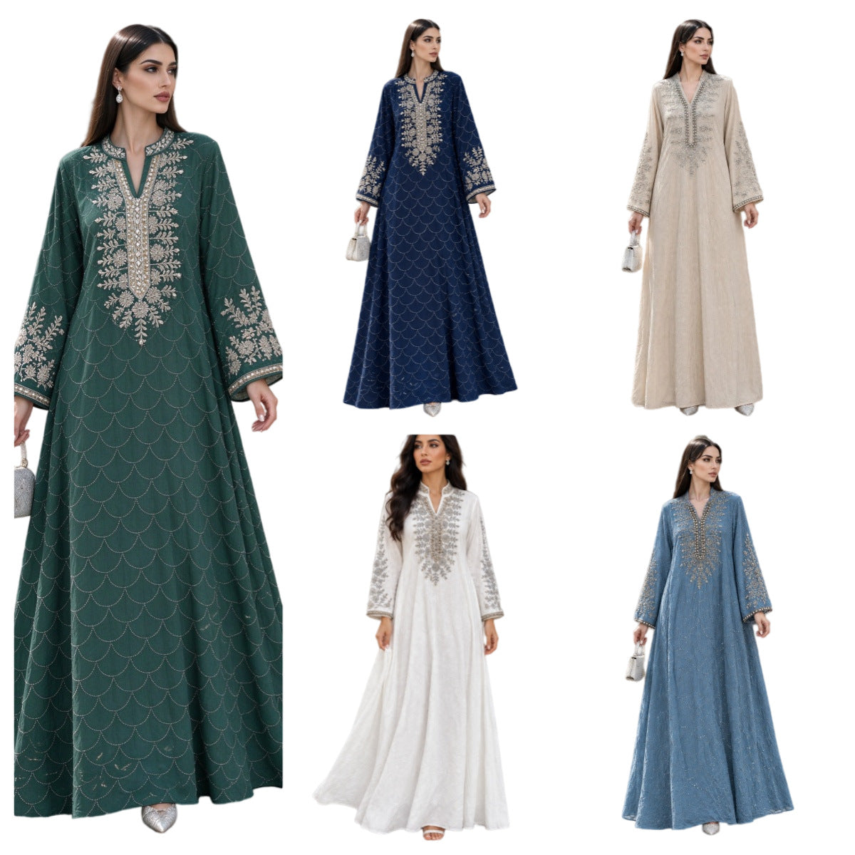 Embroidered Beaded Abaya Dress | Rhinestone-Embellished Modest Maxi Gown(MA476)