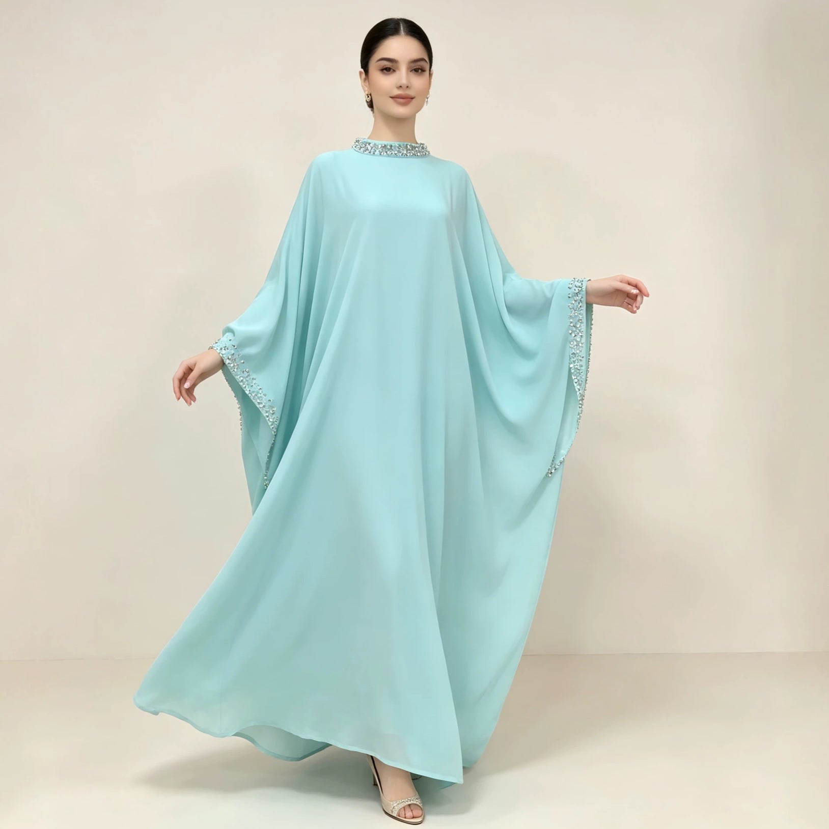 Pearl & Crystal Embellished Stand Collar Batwing Sleeve Maxi Abaya Dress(MA468)