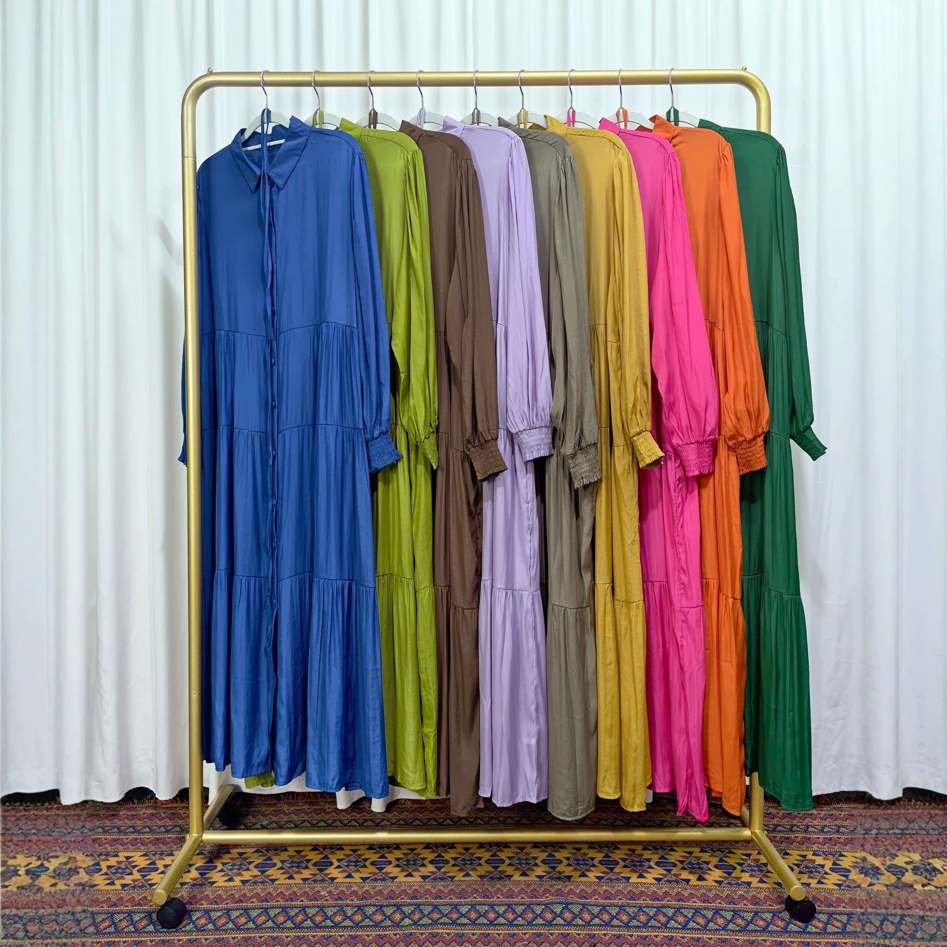 Shirt Collar Button-Down Tiered Maxi Dress(MA465)