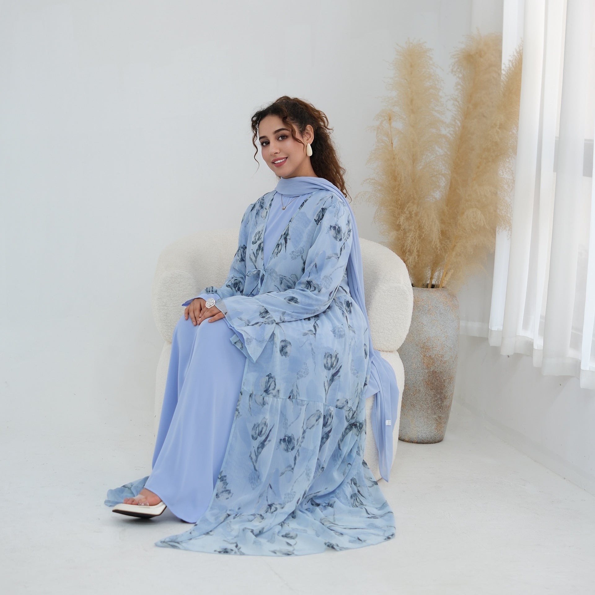 Chiffon Crinkle Flared Sleeve Tiered Open Abaya Set(MOA341)
