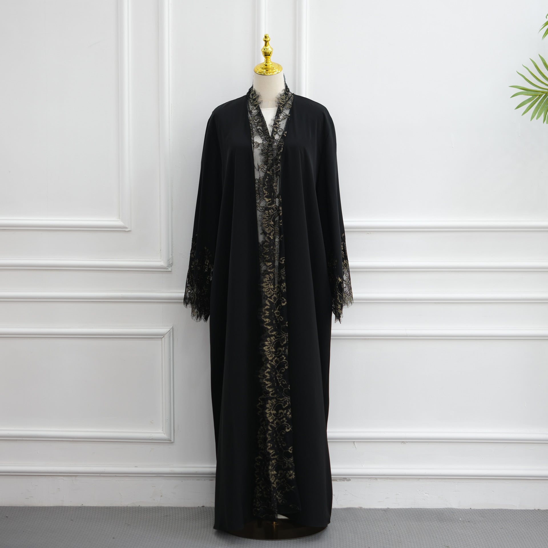 Lace-Panel Flared-Sleeve Open Abaya with Pockets(MOA332)