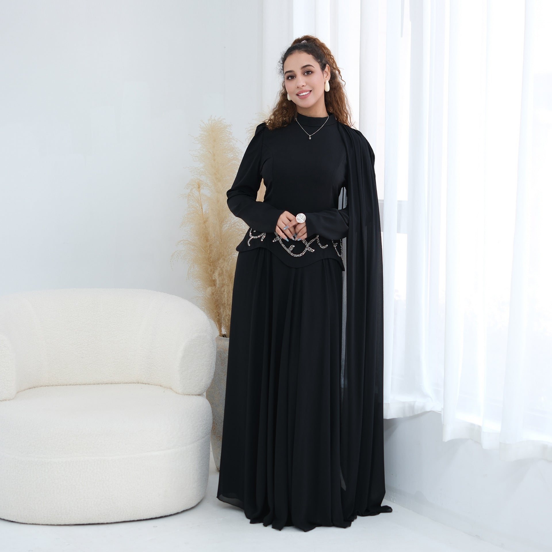 Crystal Beaded Waist Cape Sleeve Maxi Dress(MS499)
