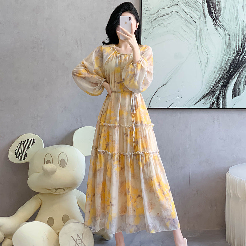 Watercolor Print Chiffon Maxi Dress | Long Sleeve Tiered Dress(MS270)