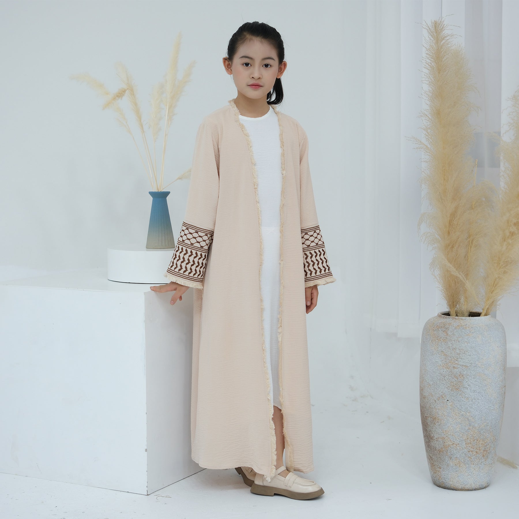 Embroidered Children's Abaya Set Pakistan Geometric Print Robe Abaya with Matching Belt. (MKG015)