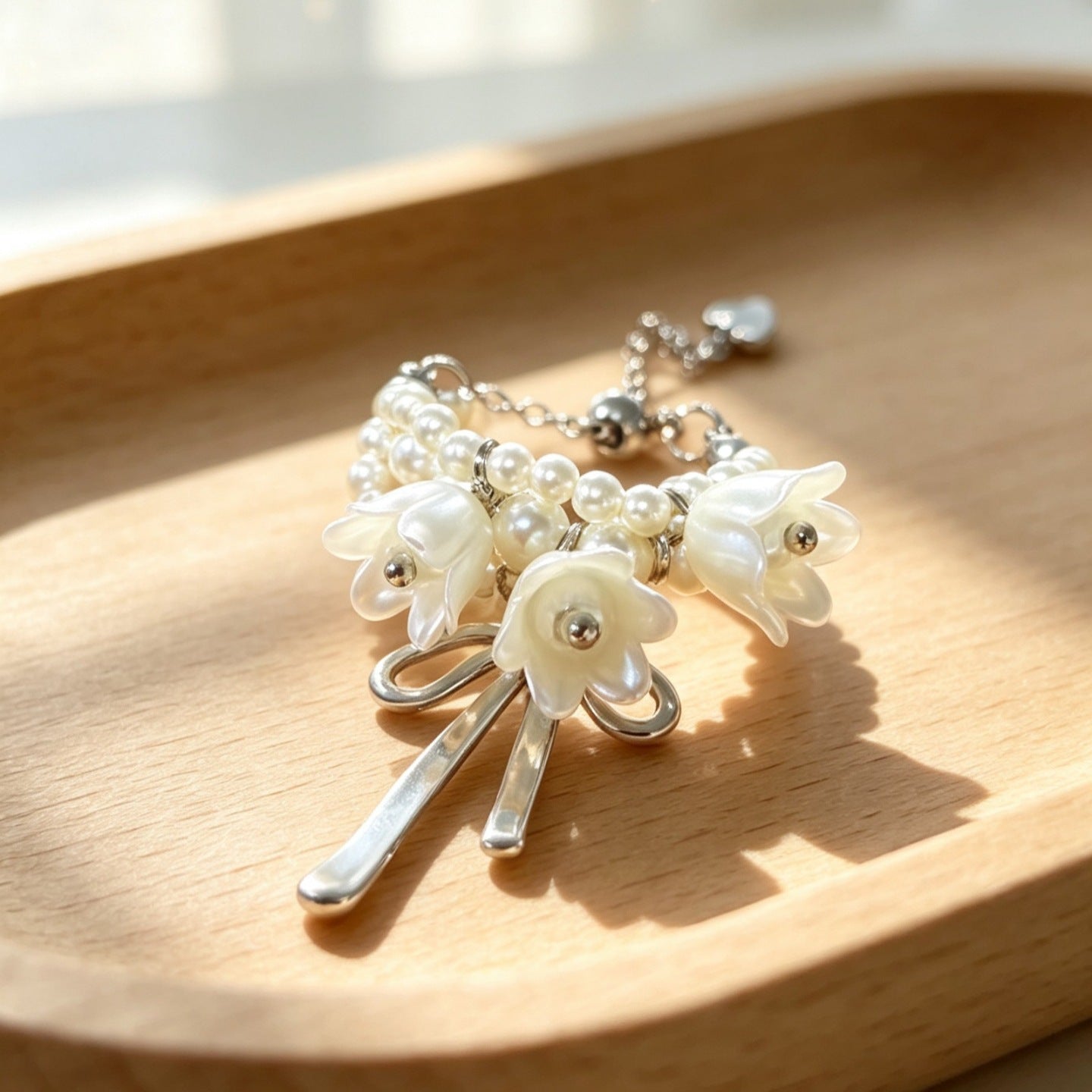 Lily of the Valley Pearl Bow Statement Ring | Adjustable Floral Ring(MAC482)