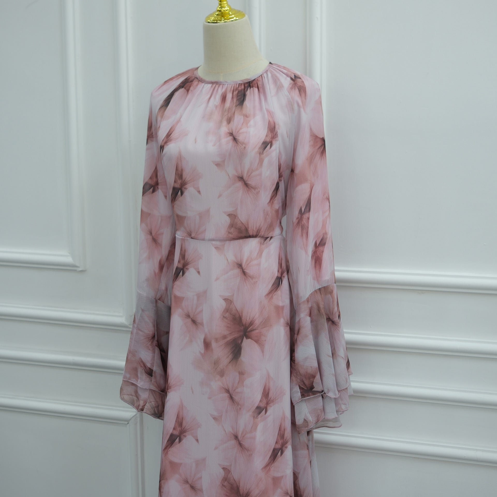 Watercolour Print Double-Layer Flared-Sleeve Maxi Dress(MA479)