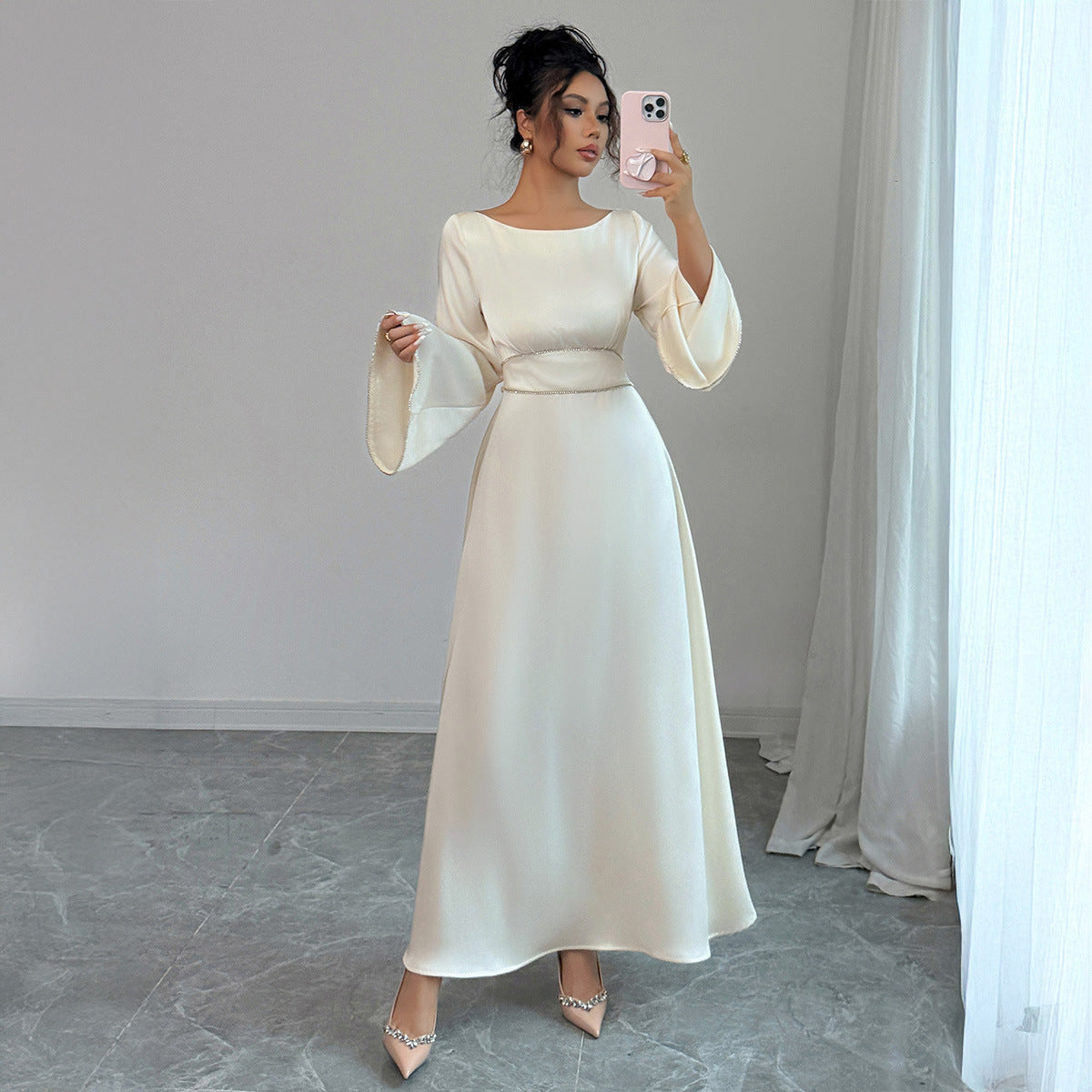 Belted Satin Maxi Dress | Long Sleeve Corset Waist Dress(MS276)