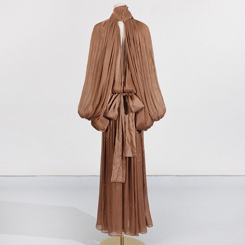 Balloon Sleeve Tie-Neck Maxi Dress(MS303)