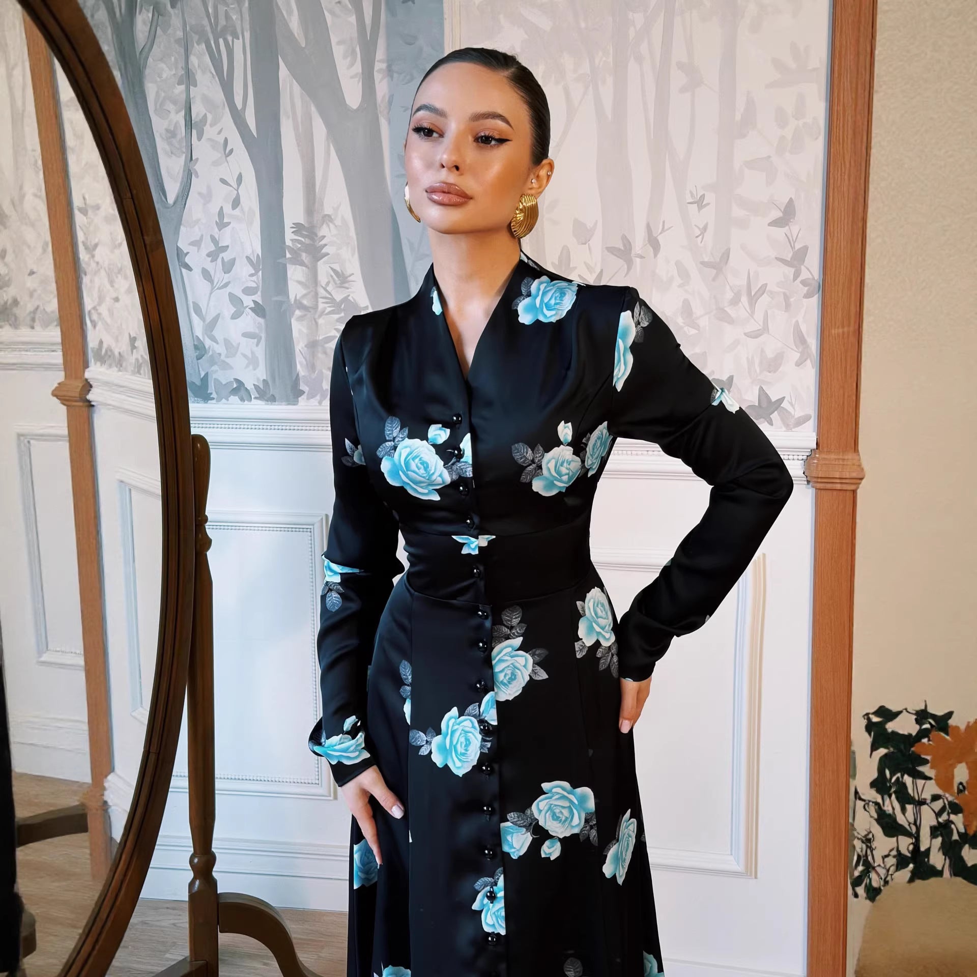 Floral Print Button-Through Maxi Dress(MS489)
