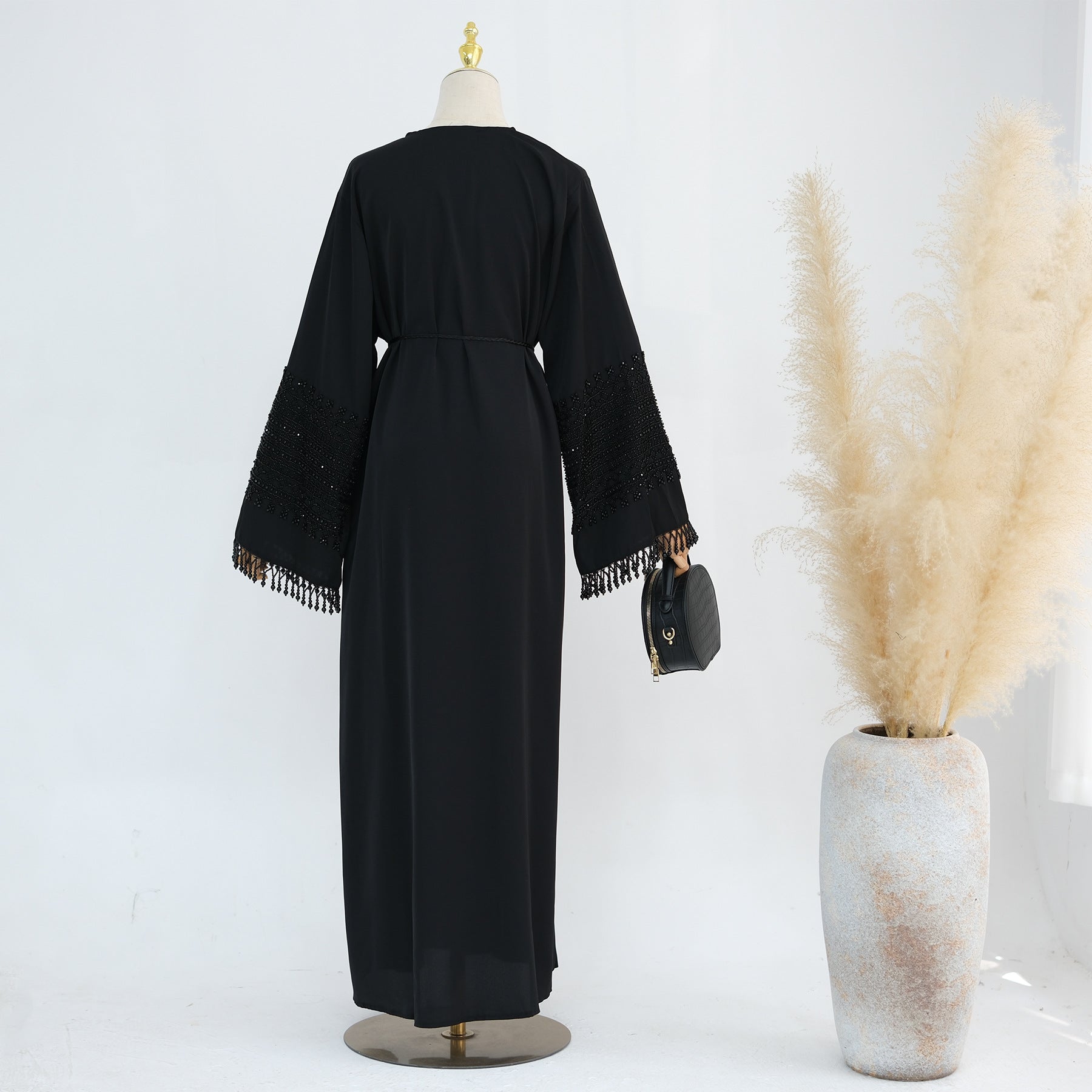 Beaded Embroidery Flared-Sleeve Open Abaya(MOA334)