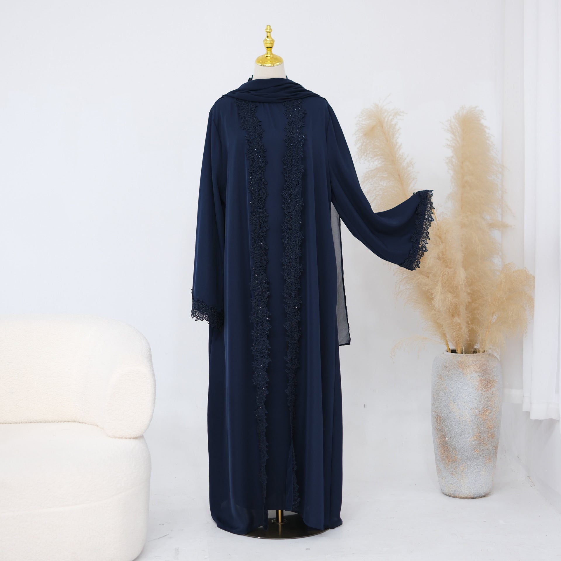 Lace-Trim Nida 3-Piece Abaya Set(MOA330)
