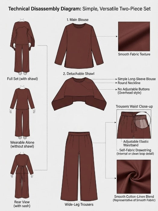 Detachable Shawl Long-Sleeve Top & Wide-Leg Trousers Three-Piece Co-ord Set(MS487)