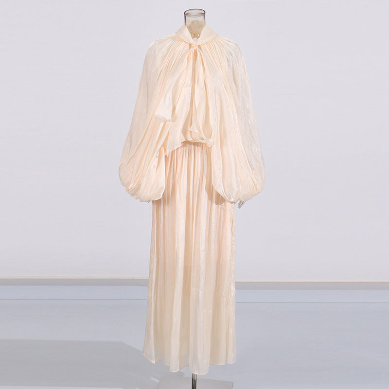 Balloon Sleeve Tie-Neck Maxi Dress(MS303)