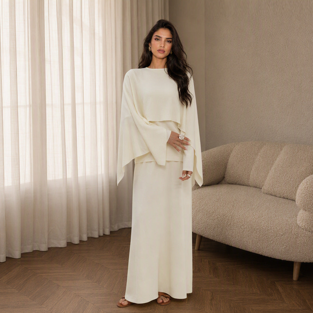 Modest Cape Knit Top & Maxi Skirt Set(MS537)