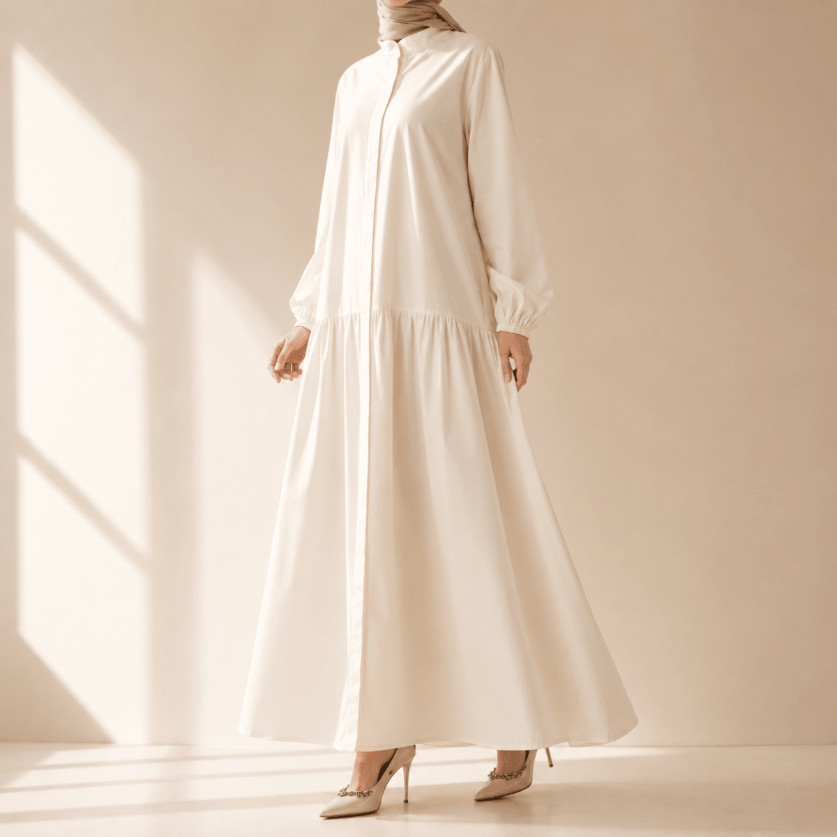 A-Line Trench Shirt Maxi Abaya with Pockets Work Abaya Soft Ivory / M A-Line Trench Shirt Maxi Abaya with Pockets Work Abaya Soft Ivory / M