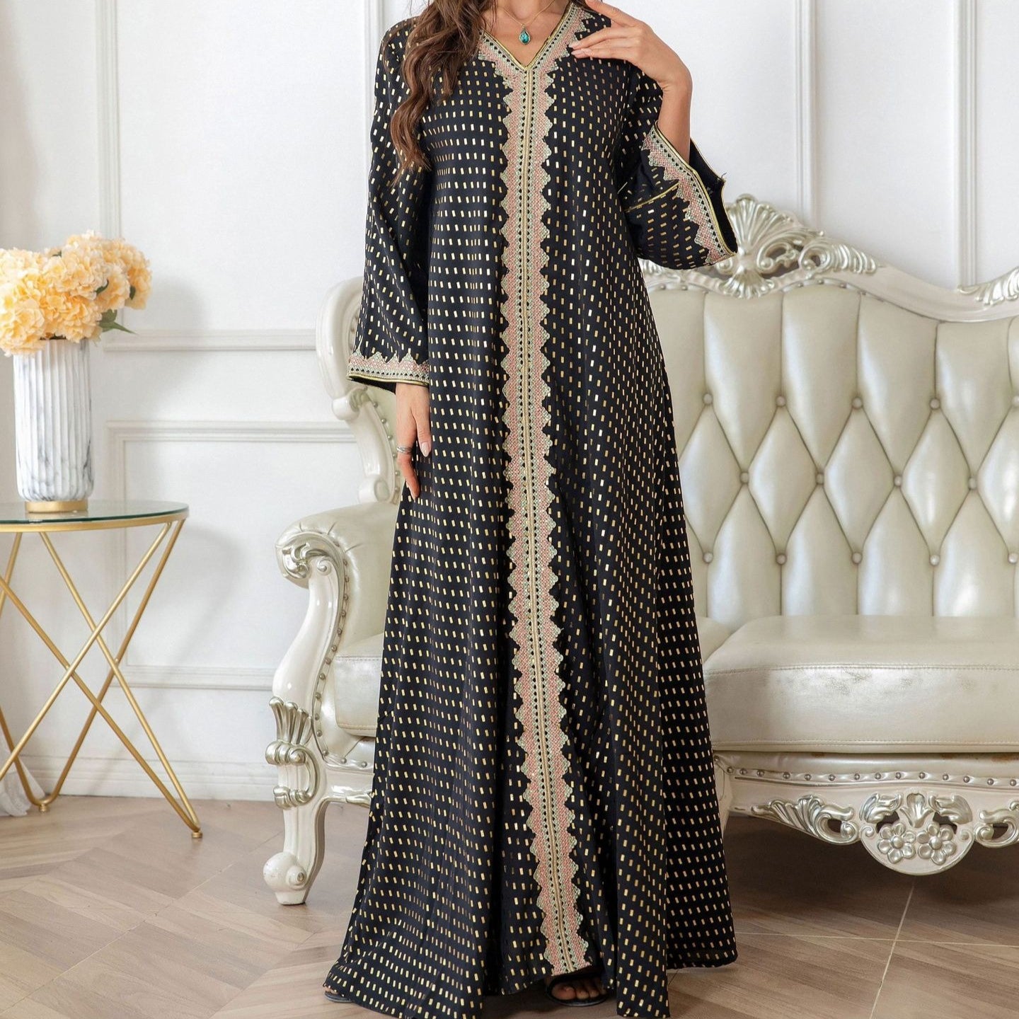 Metallic Embroidered Lace Trim Abaya(MA367)
